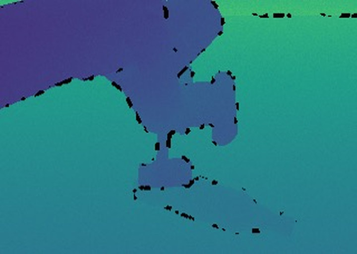 Level 1: fine range noise and thin, broken holes along the depth edges.