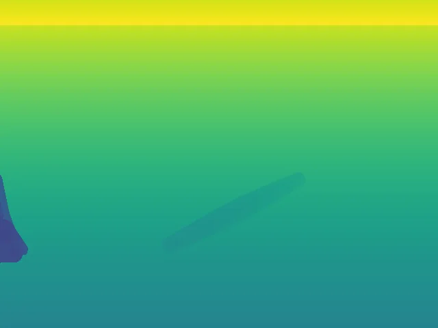 Simulator depth of the same frame, colour-coded from near (purple) to far (yellow).